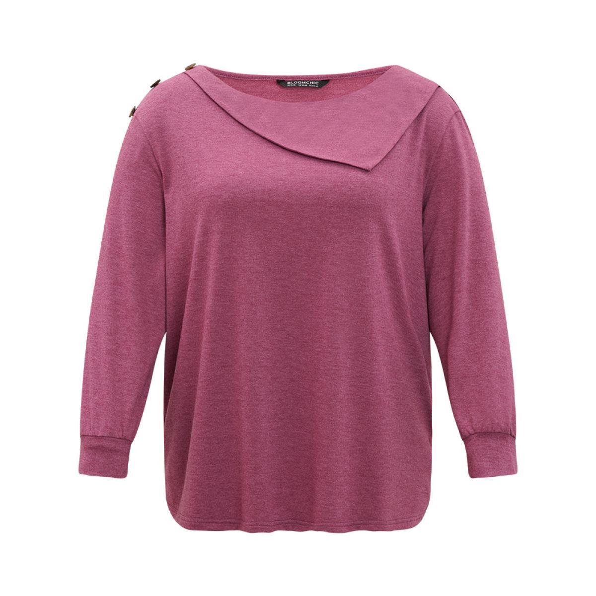 Plus Size Plain Elastic Cuffs Button Detail Asymmetrical Neck Sweatshirt Women RedViolet Elegant Elastic cuffs Round Neck Dailywear Sweatshirts BloomChic 22-24/3X Product Image