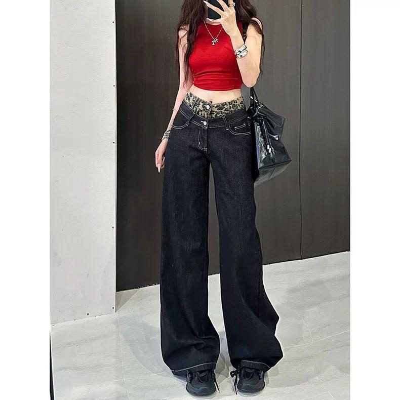 Mid Waist Mock Two-Piece Leopard Print Panel Wide Leg Jeans Product Image