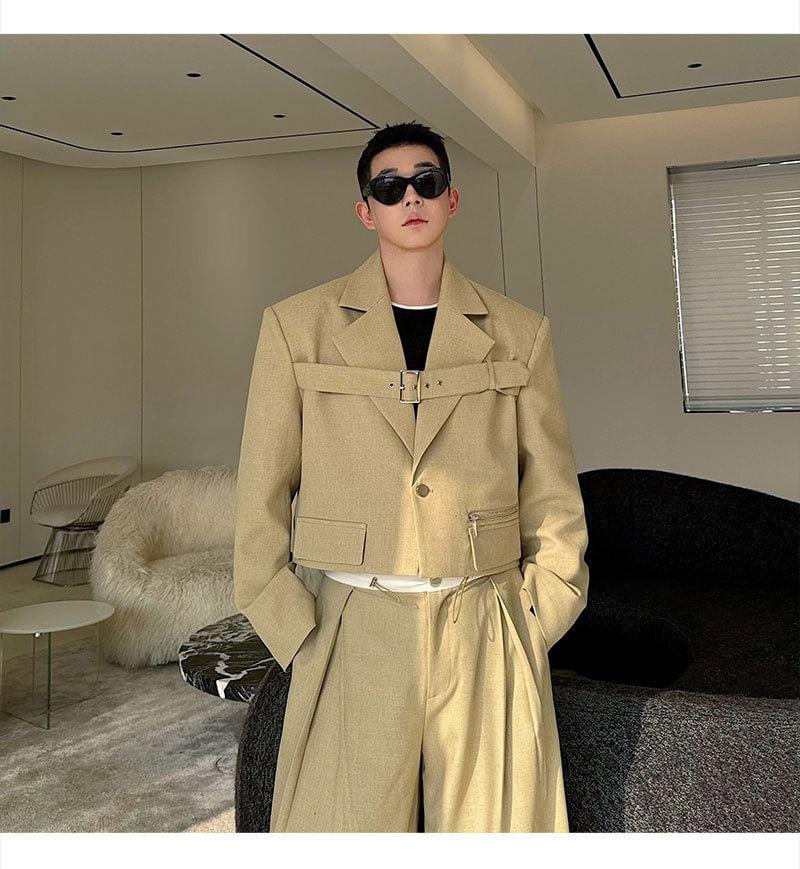 Set: Lapel Collar Plain Crop Single Button Blazer + High Waist Plain Pleated Wide Leg Pants Product Image