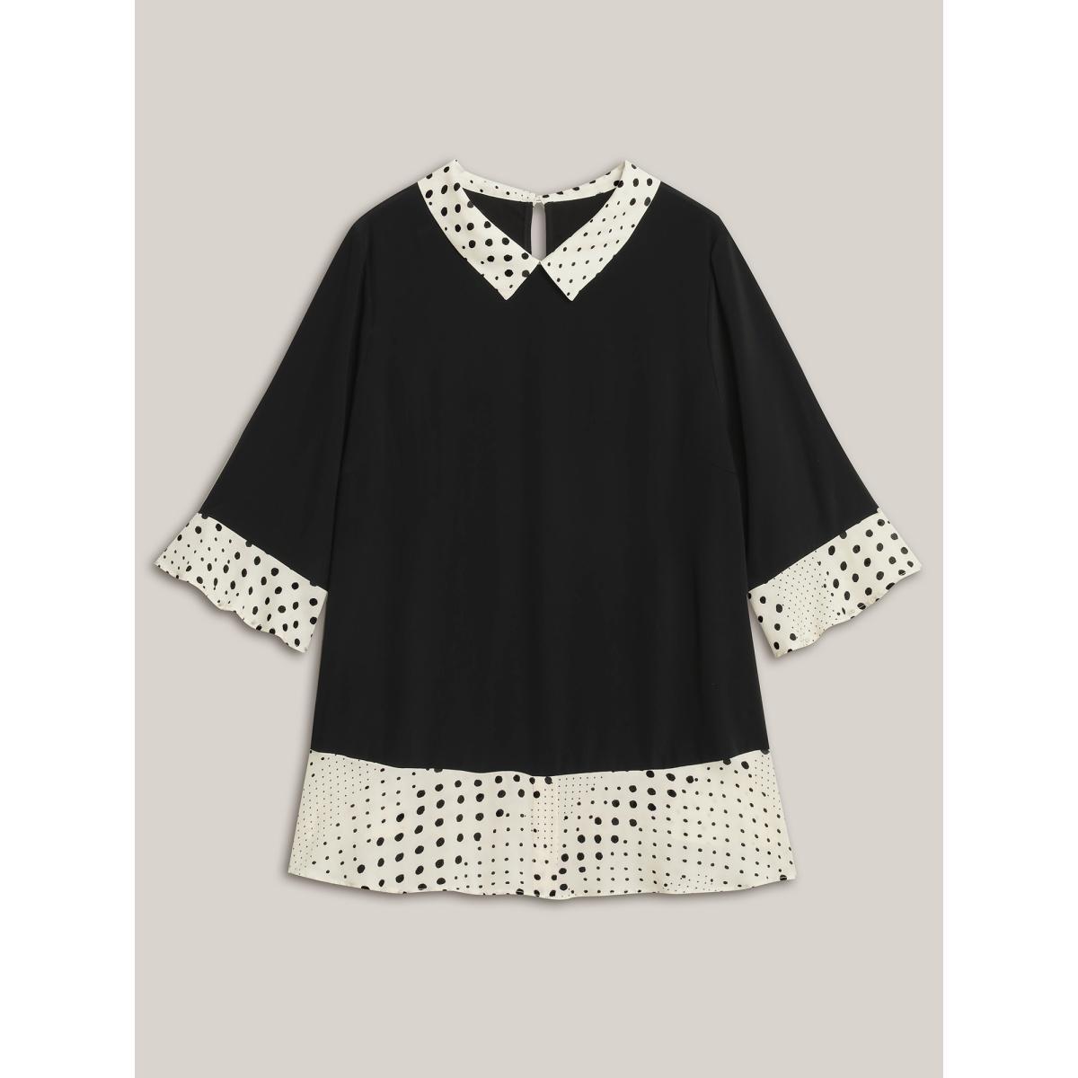 Plus Size Black Sheer Color Contrast Spliced Collar Blouse Women Elbow-length sleeve Shirt collar Work Blouses BloomChic 28/5X Product Image