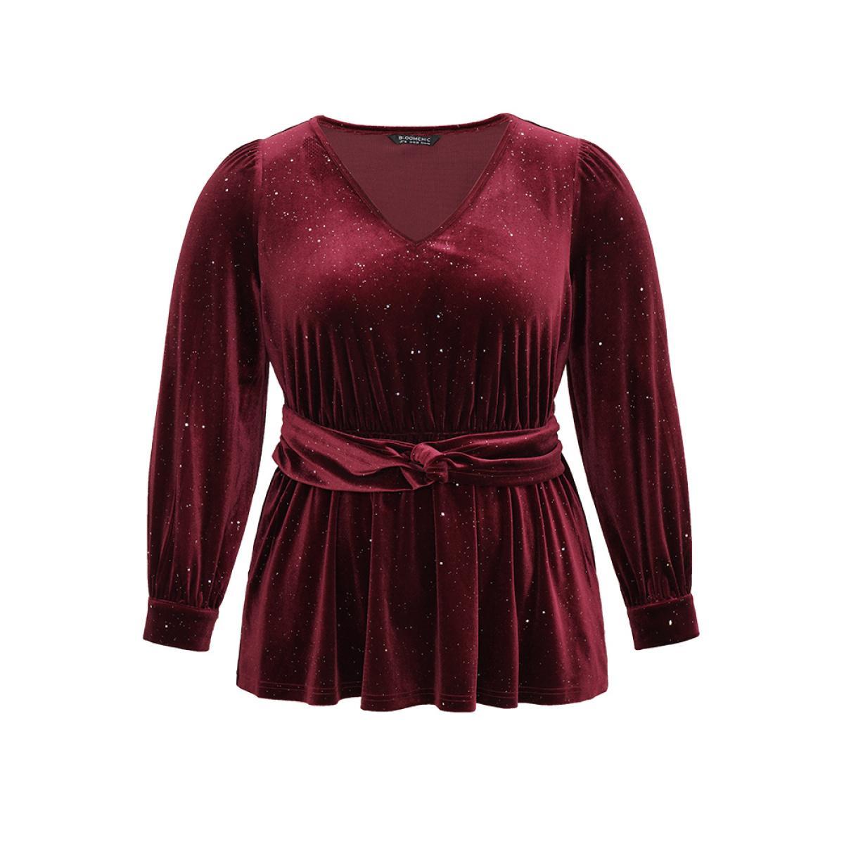 Plus Size Scarlet Glitter Sequin Velvet Twist Front V Neck Blouse Women Cocktail Long Sleeve V-neck Party Blouses BloomChic 10/M Product Image