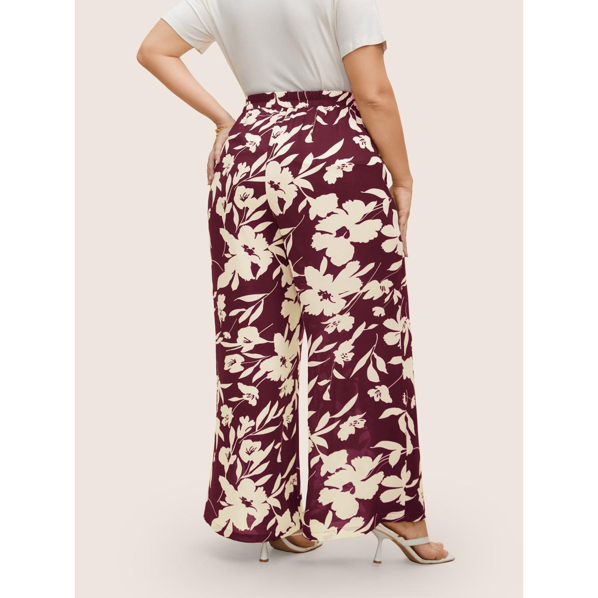 Plus Size Silhouette Floral Print Ties Side Seam Pocket Pants Women Scarlet Elegant Wide Leg High Rise Everyday Pants BloomChic 12/L Product Image