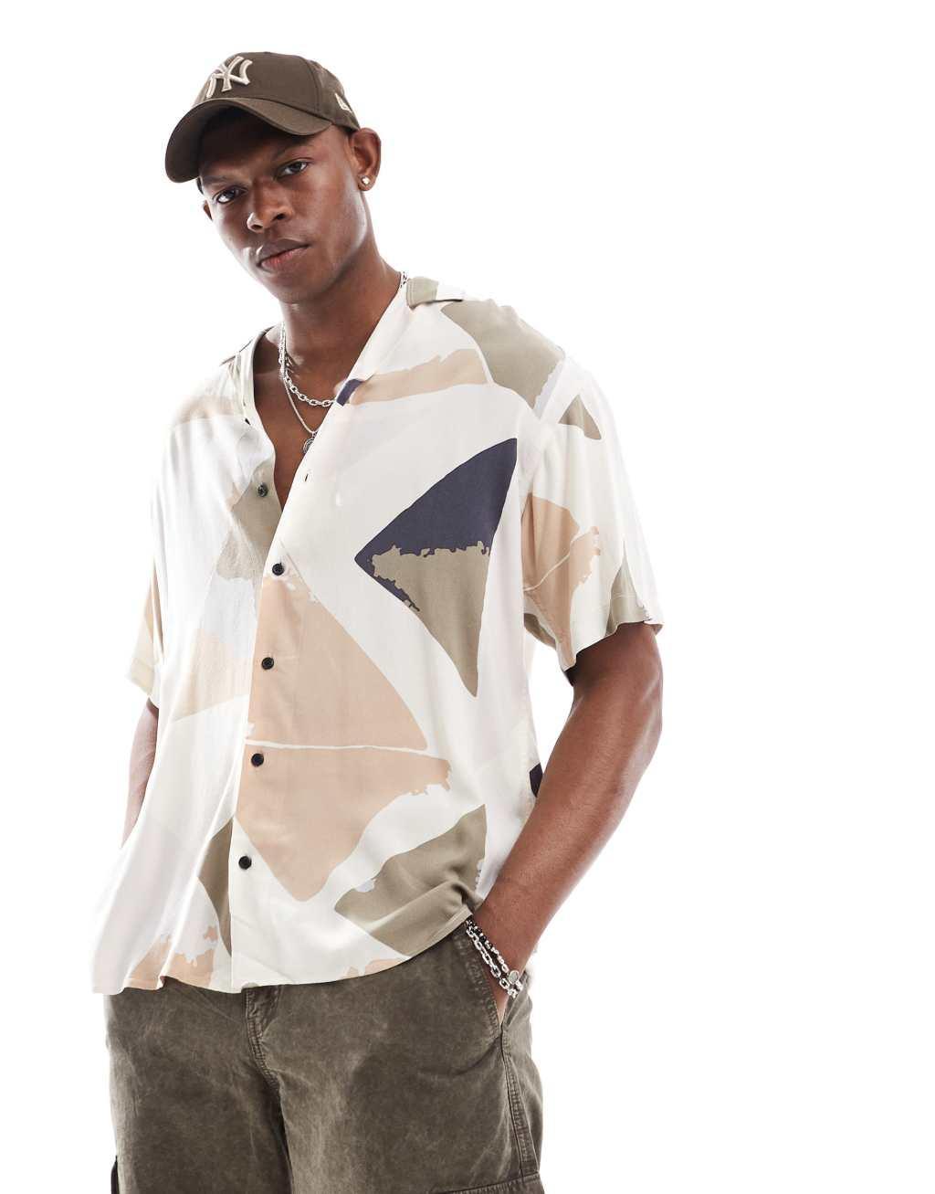 Jack & Jones camp collar geo print shirt in gray Product Image