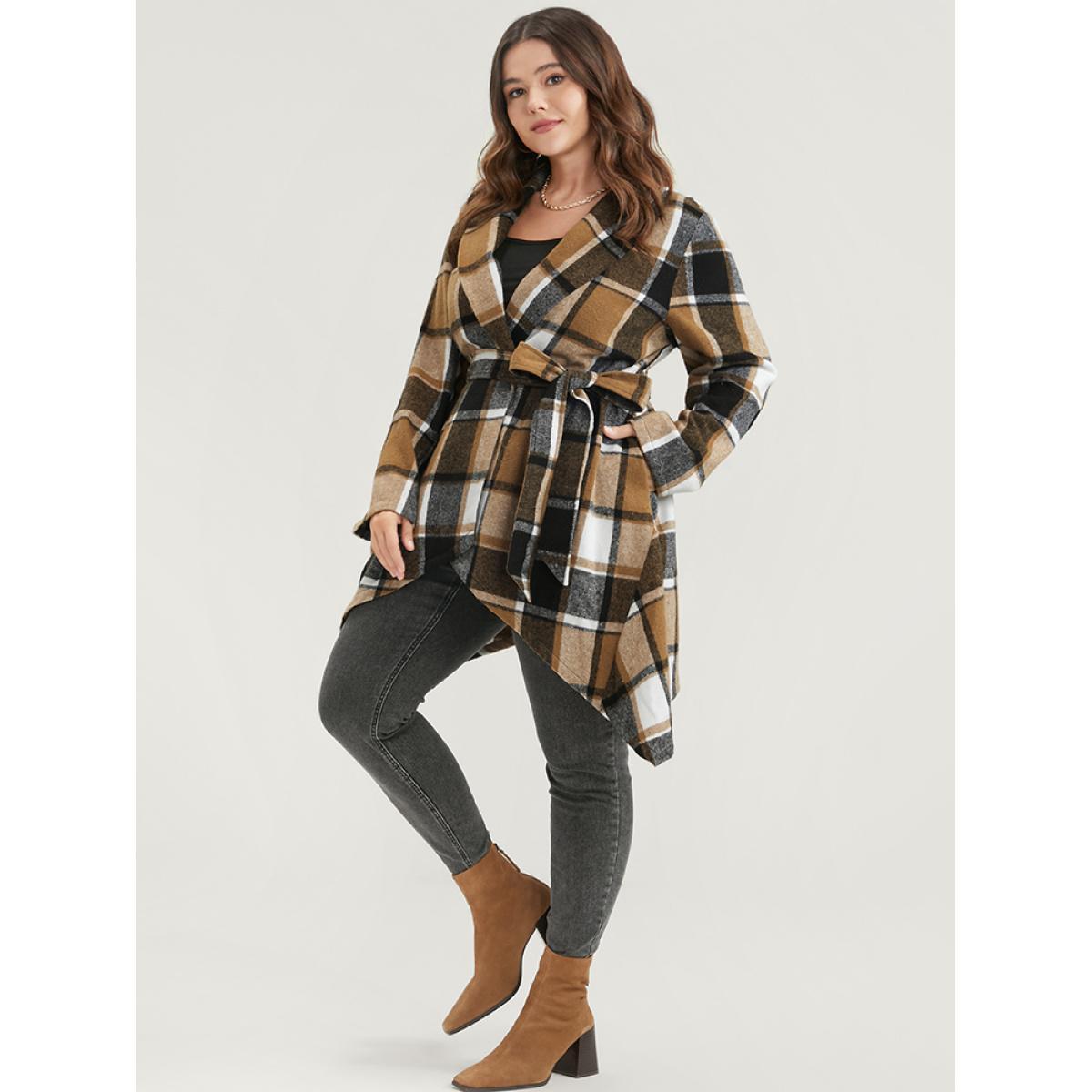 Plus Size Plaid Pocket Lapel Collar Asymmetrical Hem Belted Coat Women Bronze Elegant Button Ladies Dailywear Winter Coats BloomChic 28/5X Product Image