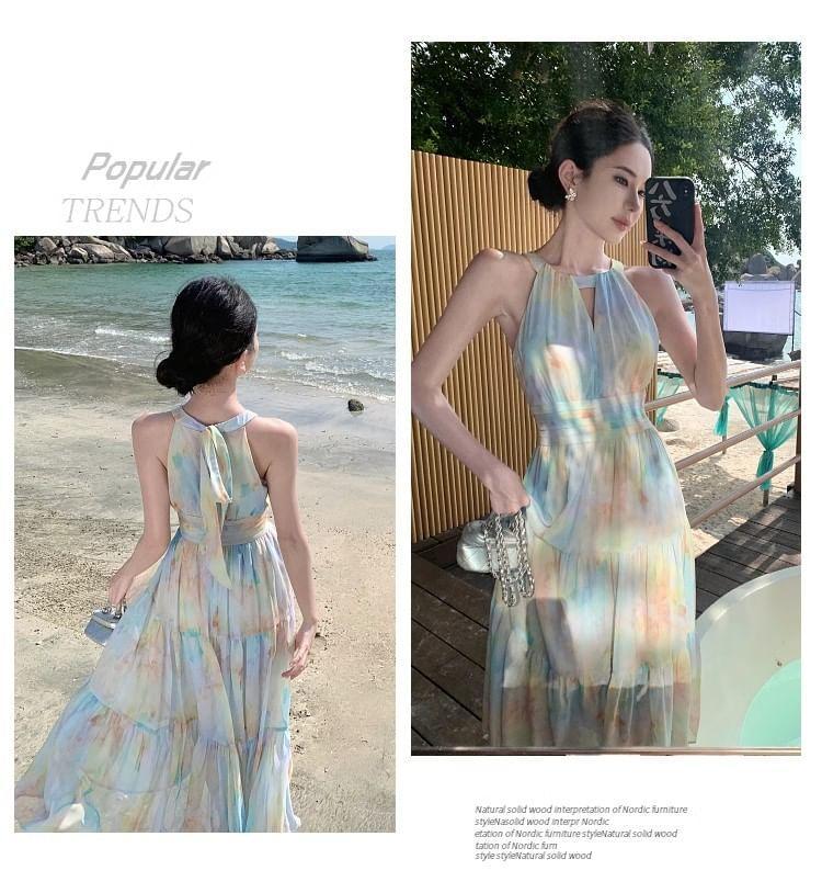 Halter Neck Sleeveless Tie Dye Midi A-Line Dress Product Image