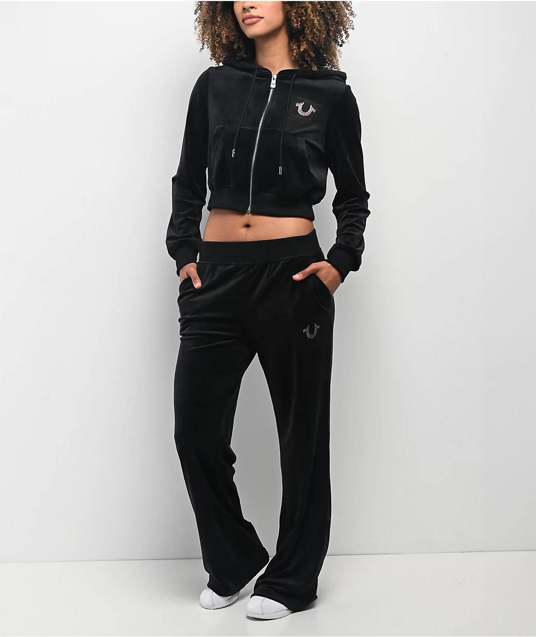 True Religion Crystal Shrunken Black Velour Zip Hoodie Product Image
