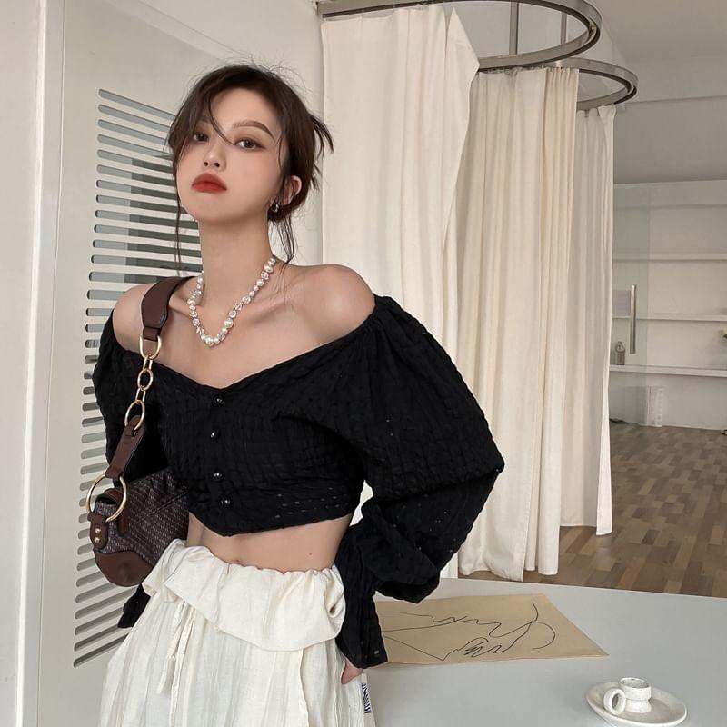 Bell-Sleeve Off-Shoulder Perforated Crop Blouse Product Image