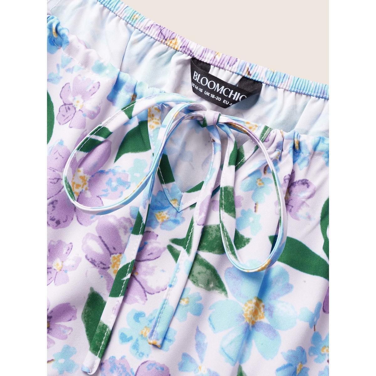 Plus Size Floral Tie Knot Lantern Sleeve Midi Dress Lilac Women Elegant Tie knot Square Neck Short sleeve Curvy BloomChic 26/4X Product Image
