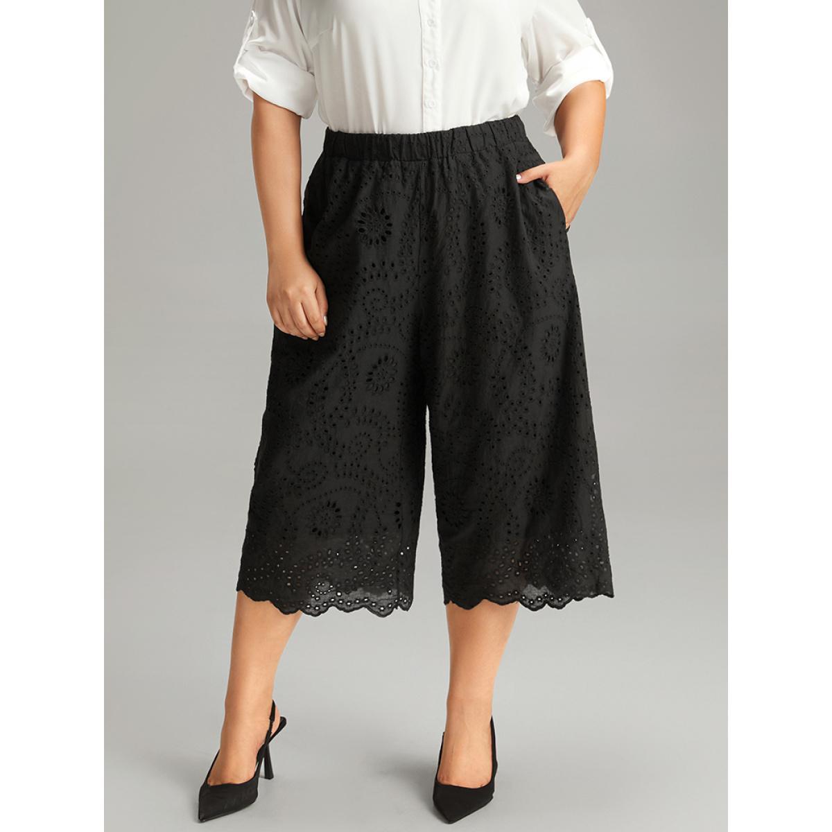 Plus Size Solid Broderie Anglaise Scalloped Trim Cropped Pants Women Black Elegant Straight Leg High Rise Dailywear Pants BloomChic 18-20/2X Product Image