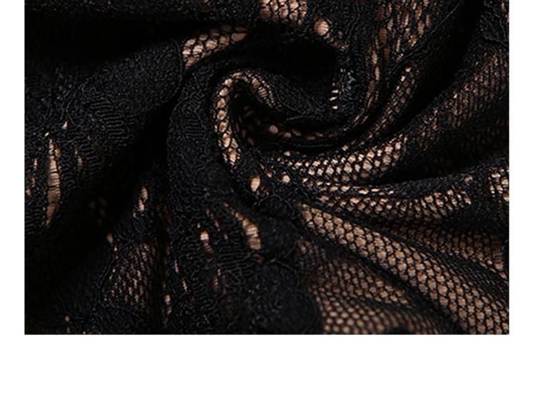 Long Sleeve Mock Neck Cutout Ruched Lace Overlay Mini Sheath Dress Product Image
