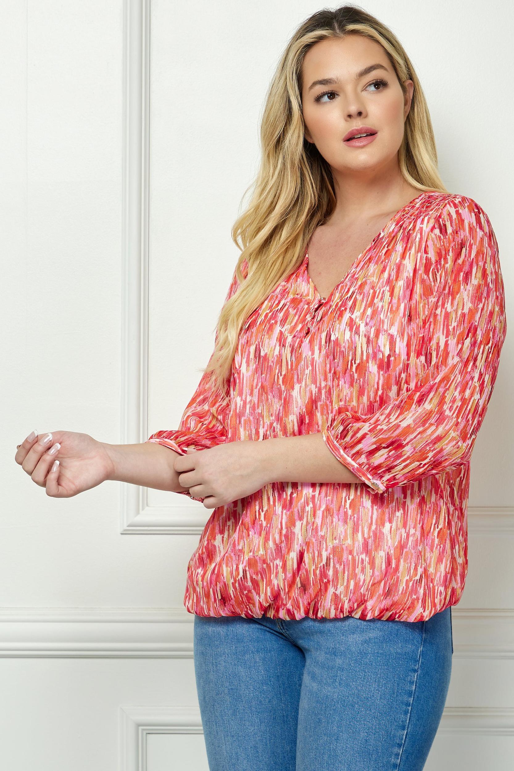 3/4 Button Cuff Sleeve 3 Button V-Neck Smock Shoulder Popover Lined Bubble Blouse - Plus Product Image