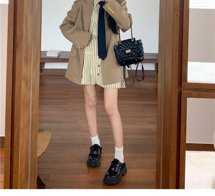 Lapel Collar Plain Single Breasted Blazer / Long-Sleeve Collared Neck Tie Striped Mini Shirt Dress Product Image