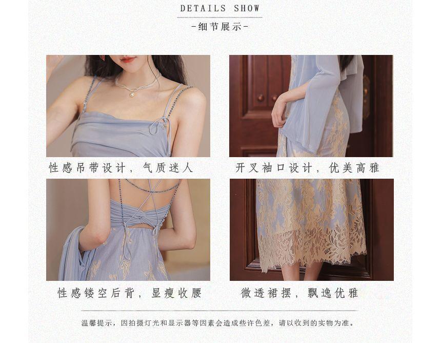 Spaghetti Strap Floral Lace Midi A-Line Dress / Plain Crop Light Jacket / Set Product Image