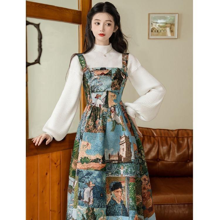 Balloon Sleeve Mock Neck Plain Ribbed Sweater / Long Sleeve Collared Bow Blouse / Patterned Print Maxi A-Line Overall Dress / Set Product Image