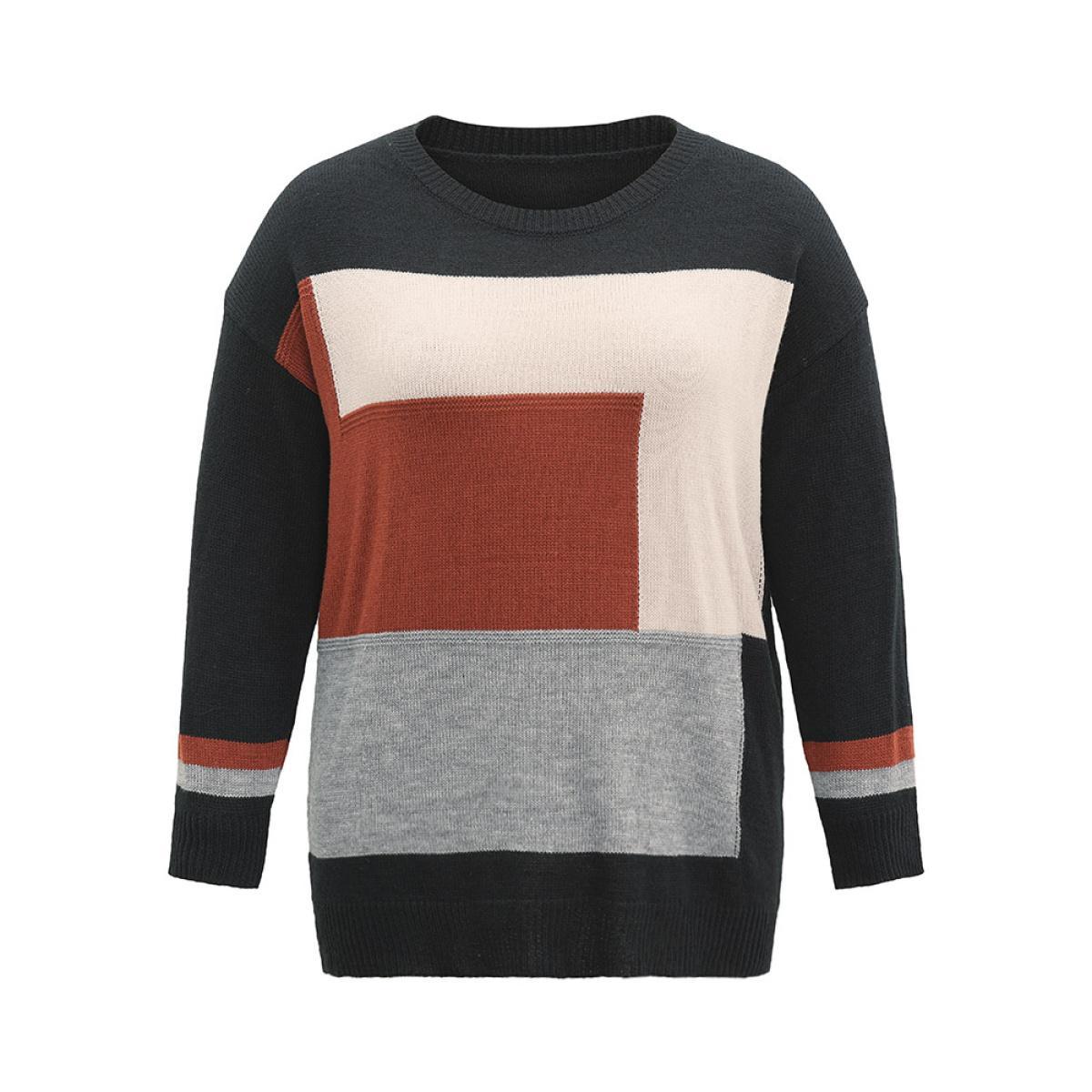 Plus Size Asymmetrical Colorblock Contrast Drop Shoulder Pullover Black Women Casual Loose Long Sleeve Round Neck Dailywear Pullovers BloomChic 12/L Product Image