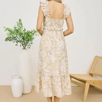 Taupe Tropical Print Ruffle Detail Midi Dress Female Product Image