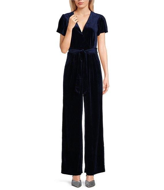 Honey and Rosie V-Neck Wrap Waist Tie Wide Leg Velvet Jumpsuit Product Image
