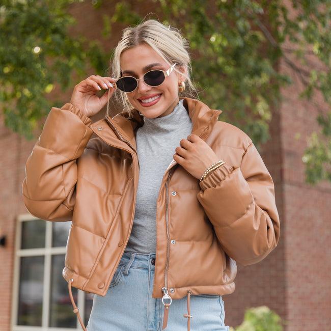 Free Reign Camel Faux Leather Puffer Jacket SALE Product Image