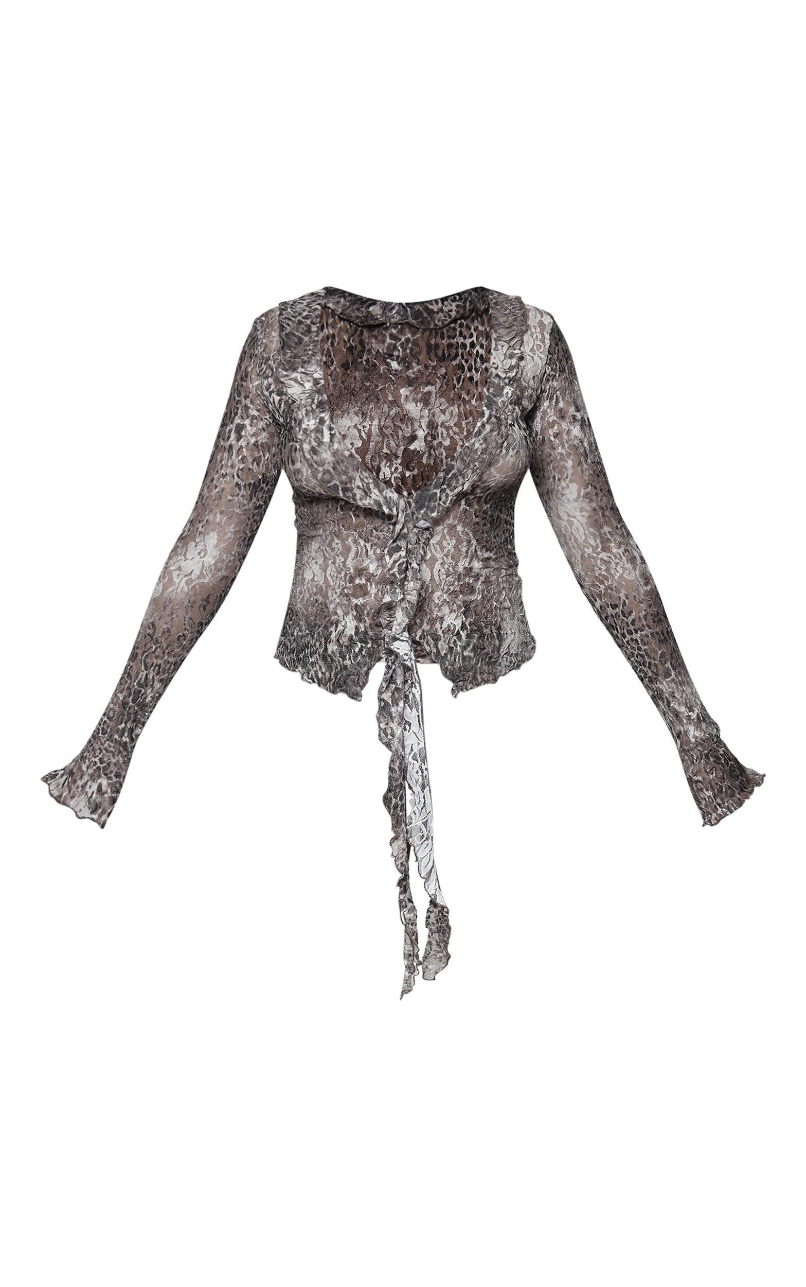 Brown Leopard Lace Ruffle Drape Long Sleeve Top Product Image