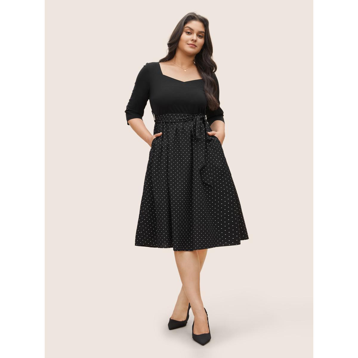 Plus Size Polka Dot Patchwork Belted Square Neck Dress Black Women At the Office Non Square Neck Elbow-length sleeve Curvy Midi Dress BloomChic 28/5X Product Image