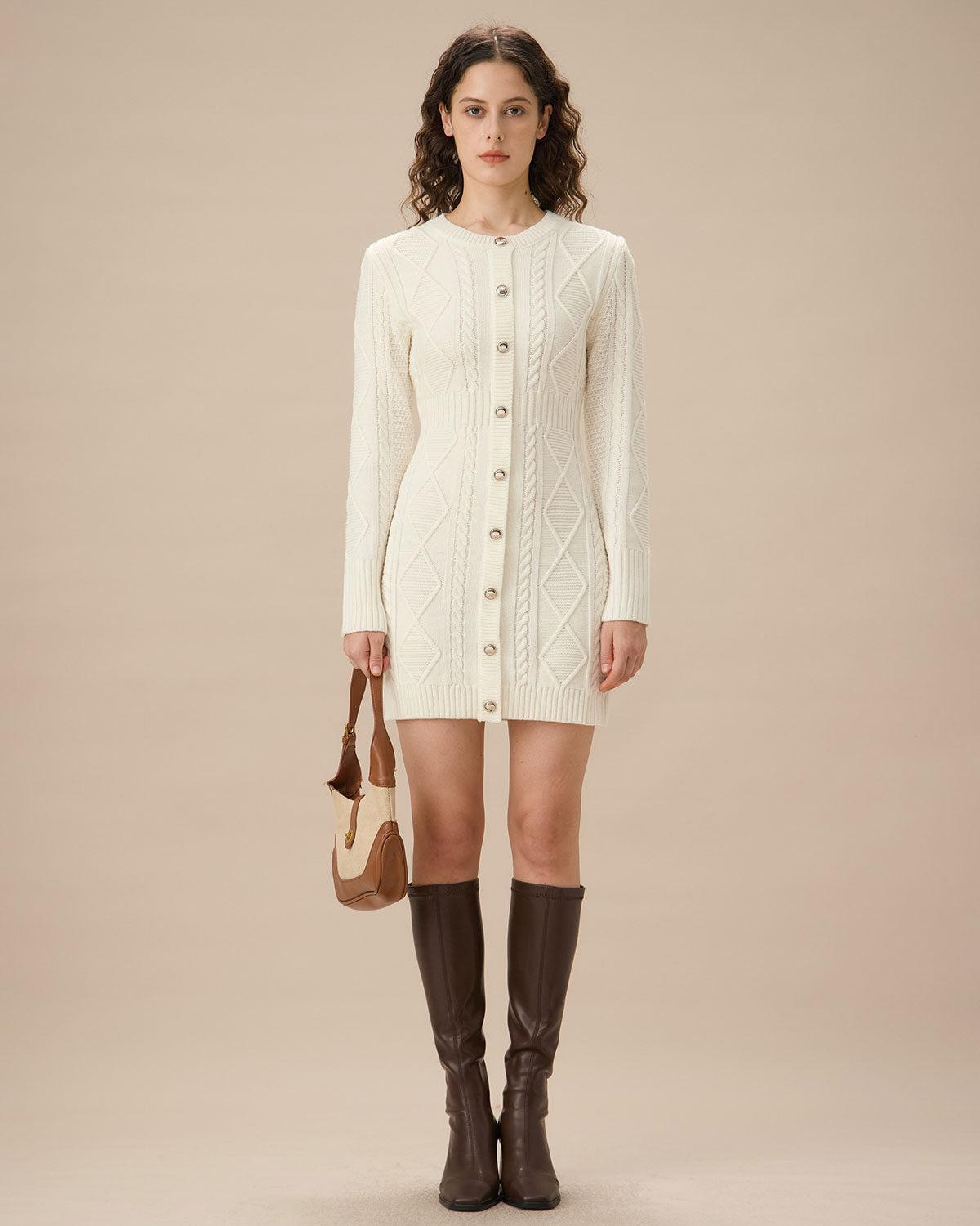 White Round Neck Bodycon Sweater Dress Product Image