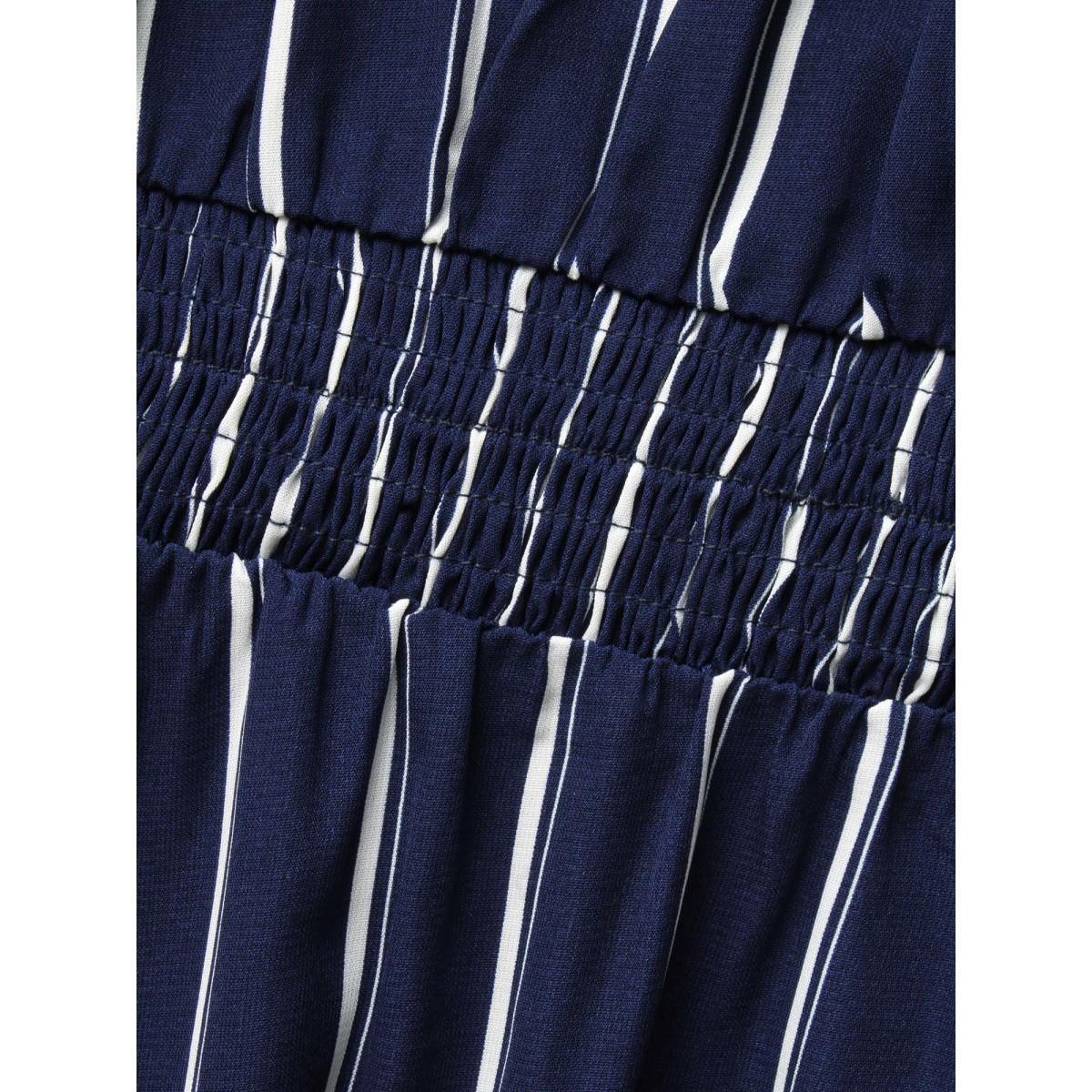 Plus Size Striped Shirred Lantern Sleeve Maxi Dress DarkBlue Women Elegant Tie knot U-neck Long Sleeve Curvy BloomChic 30/6X Product Image