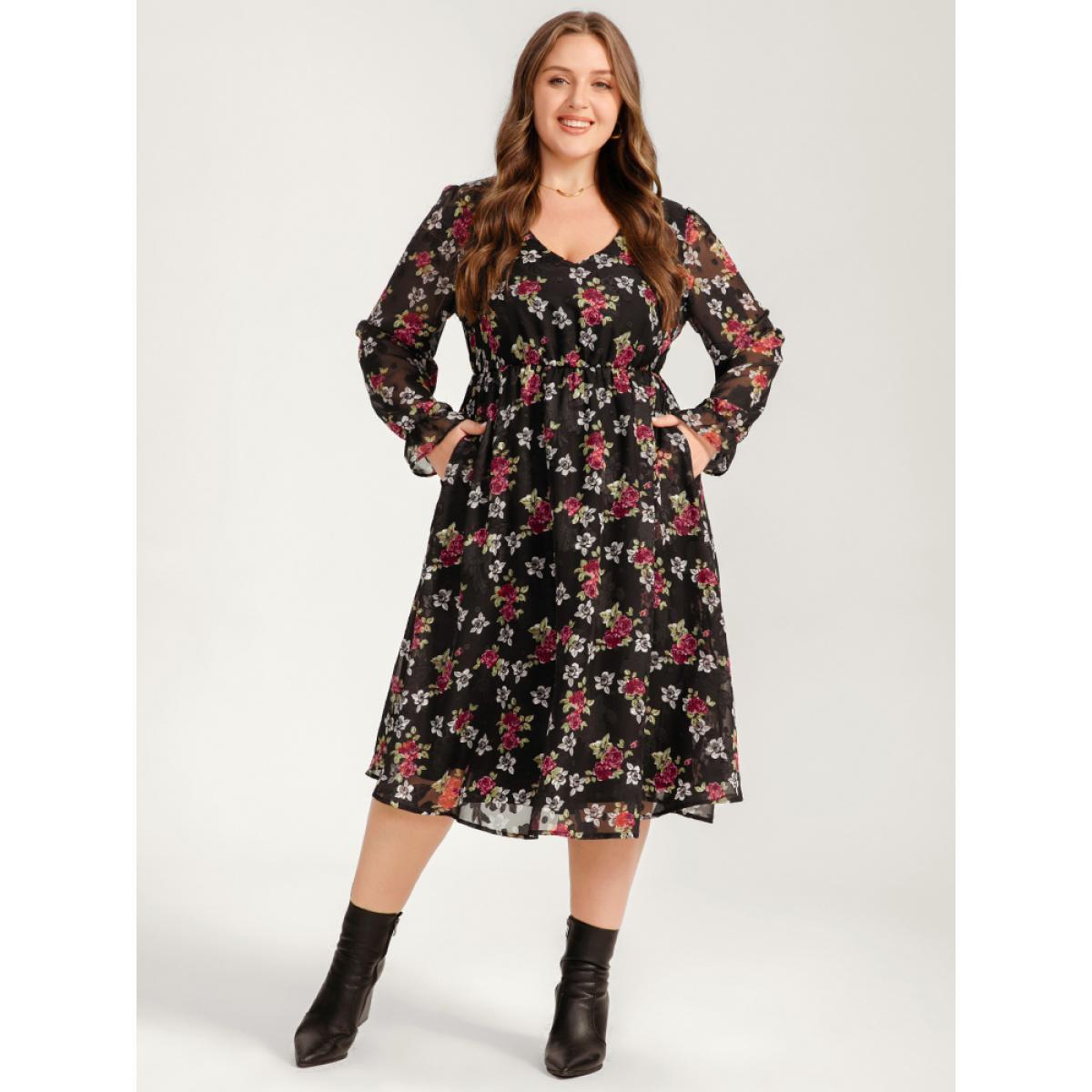 Plus Size Floral Mesh Lantern Sleeve Pocket Flutter Dress Black Women Dating V-neck Long Sleeve Curvy Midi Dress BloomChic 30/6X Product Image