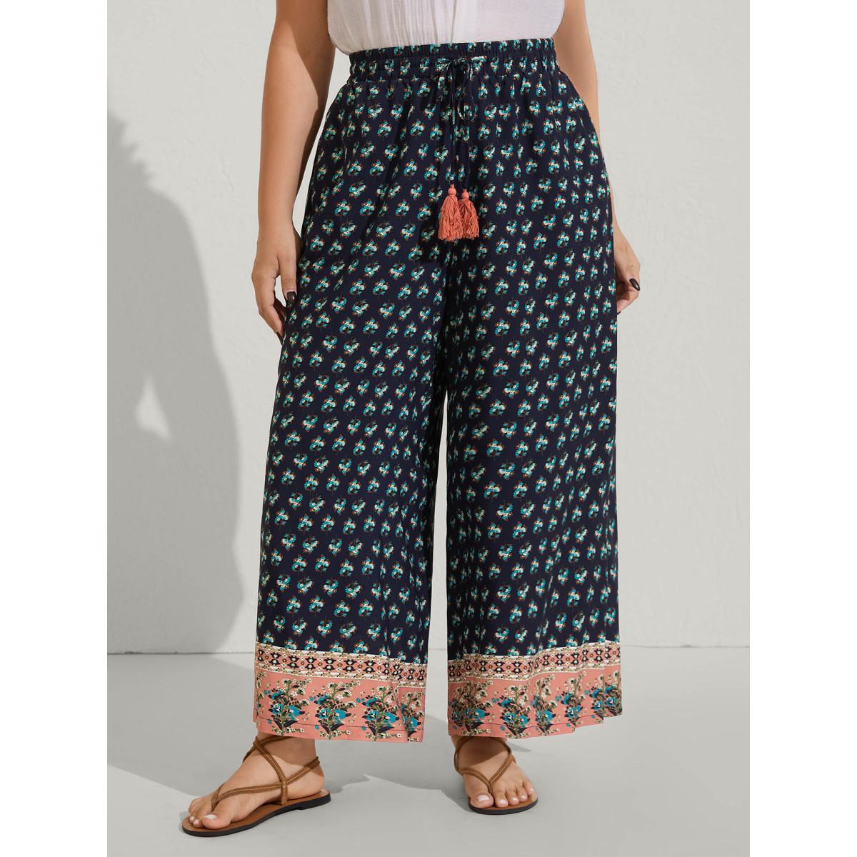Plus Size Boho Stretchy Waist Wide-Leg Pants Women Multicolor Beach Wide Leg Mid Rise Vacation Pants BloomChic 14-16/1X Product Image