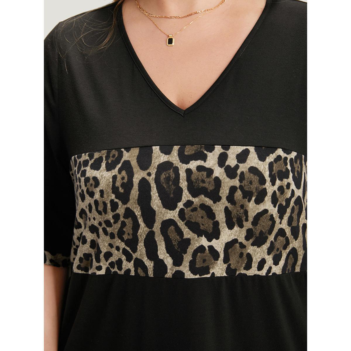 Plus Size Supersoft Essentials Leopard Print Patchwork Pocket V Neck Dress Black Women Casual Plain V-neck Short sleeve Curvy Midi Dress BloomChic 22-24/3X Product Image