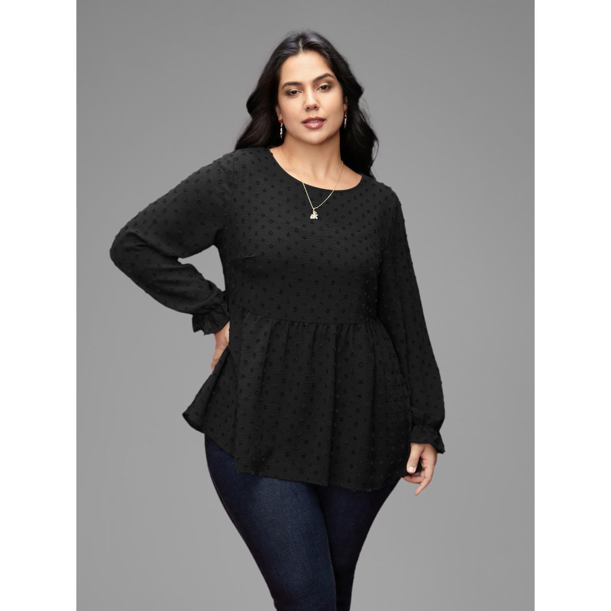 Plus Size Black Textured Dot Elastic Cuffs A-line Blouse Women Casual Long Sleeve Round Neck Everyday Blouses BloomChic 12/L Product Image