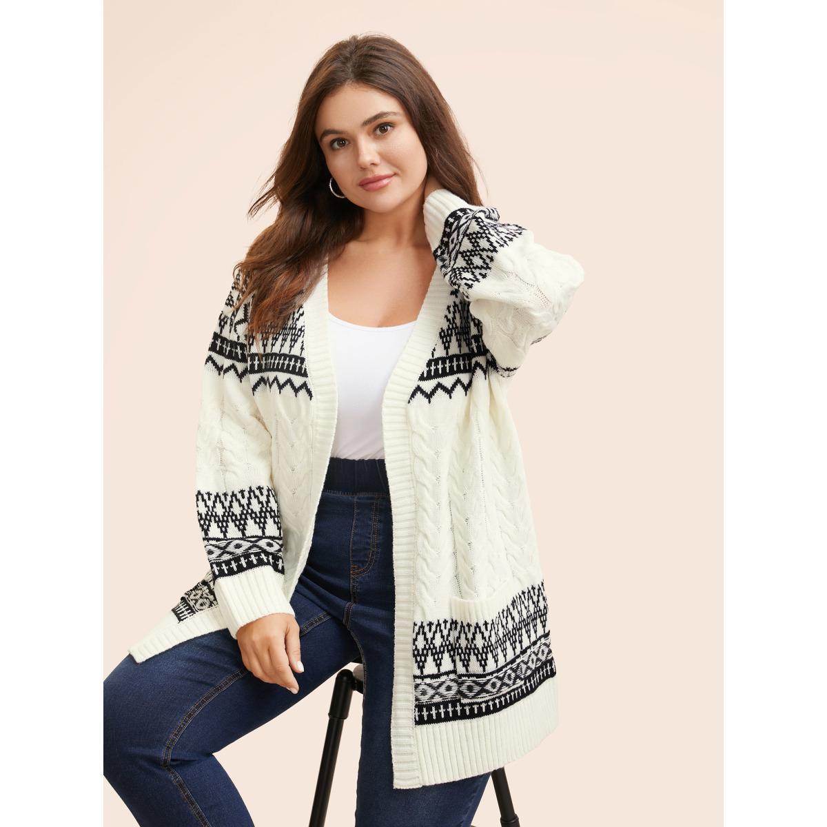 Plus Size Bandana Jacquard Cable Knit Pocket Cardigan Ivory Women Casual Loose Long Sleeve Everyday Cardigans BloomChic 10/M Product Image