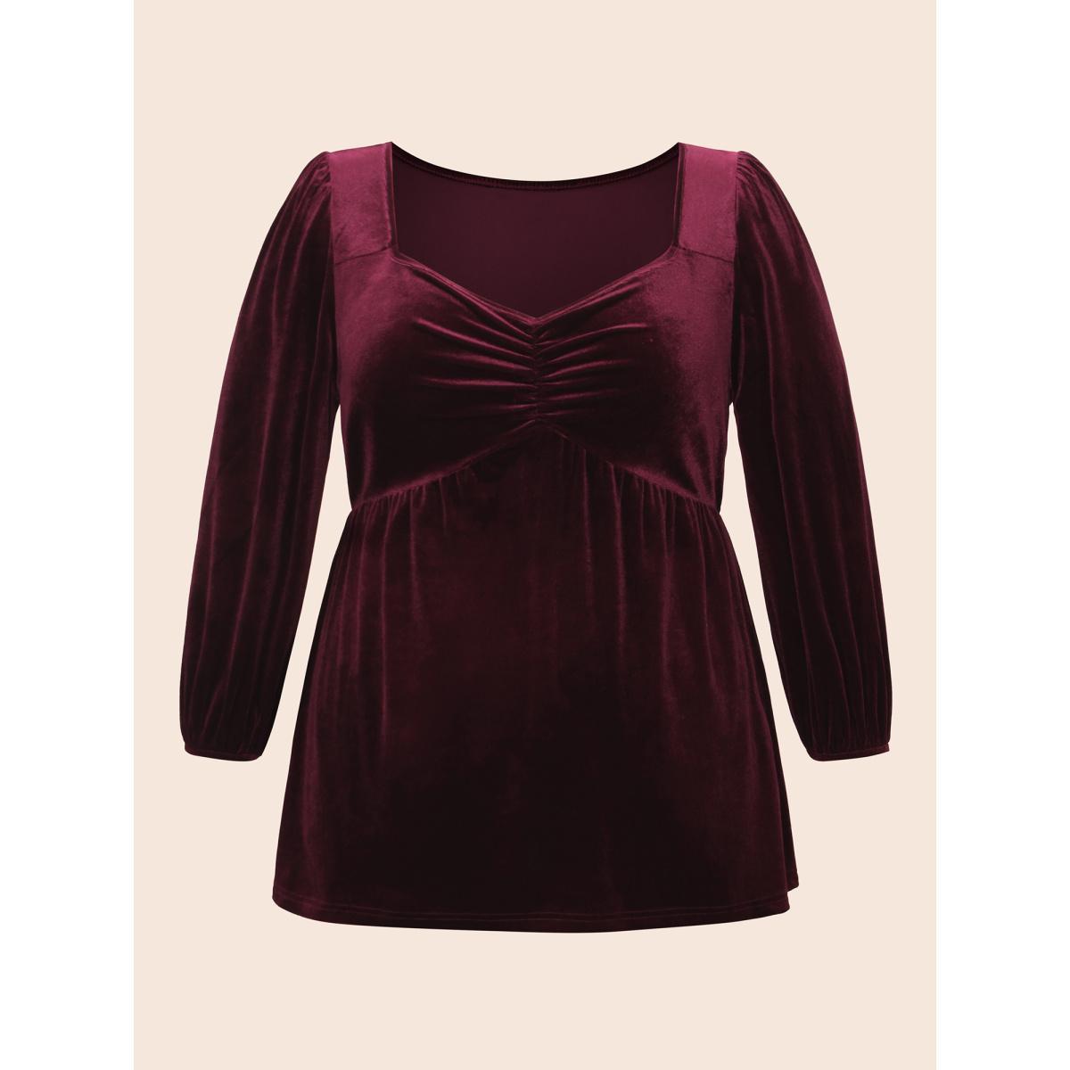 Plus Size Burgundy Velvet Heart Neckline Gathered Blouse Women Elegant Three Quater Length Sleeve Heart neckline Everyday Blouses BloomChic 12/L Product Image
