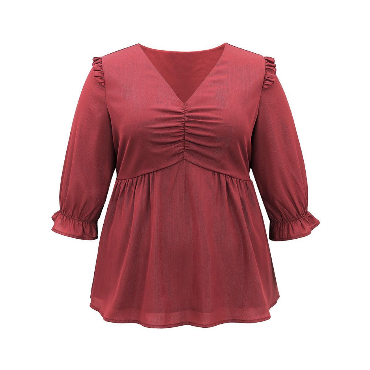 Plus Size Scarlet Solid Frill Trim Ruched Elastic Waist Blouse Women Glamour Elbow-length sleeve V-neck Festival-Christmas Blouses BloomChic 26/4X Product Image