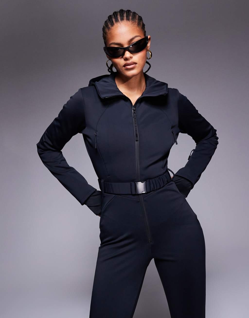 4505 Tall Ski belted ski suit with skinny legs and hood in black  Product Image