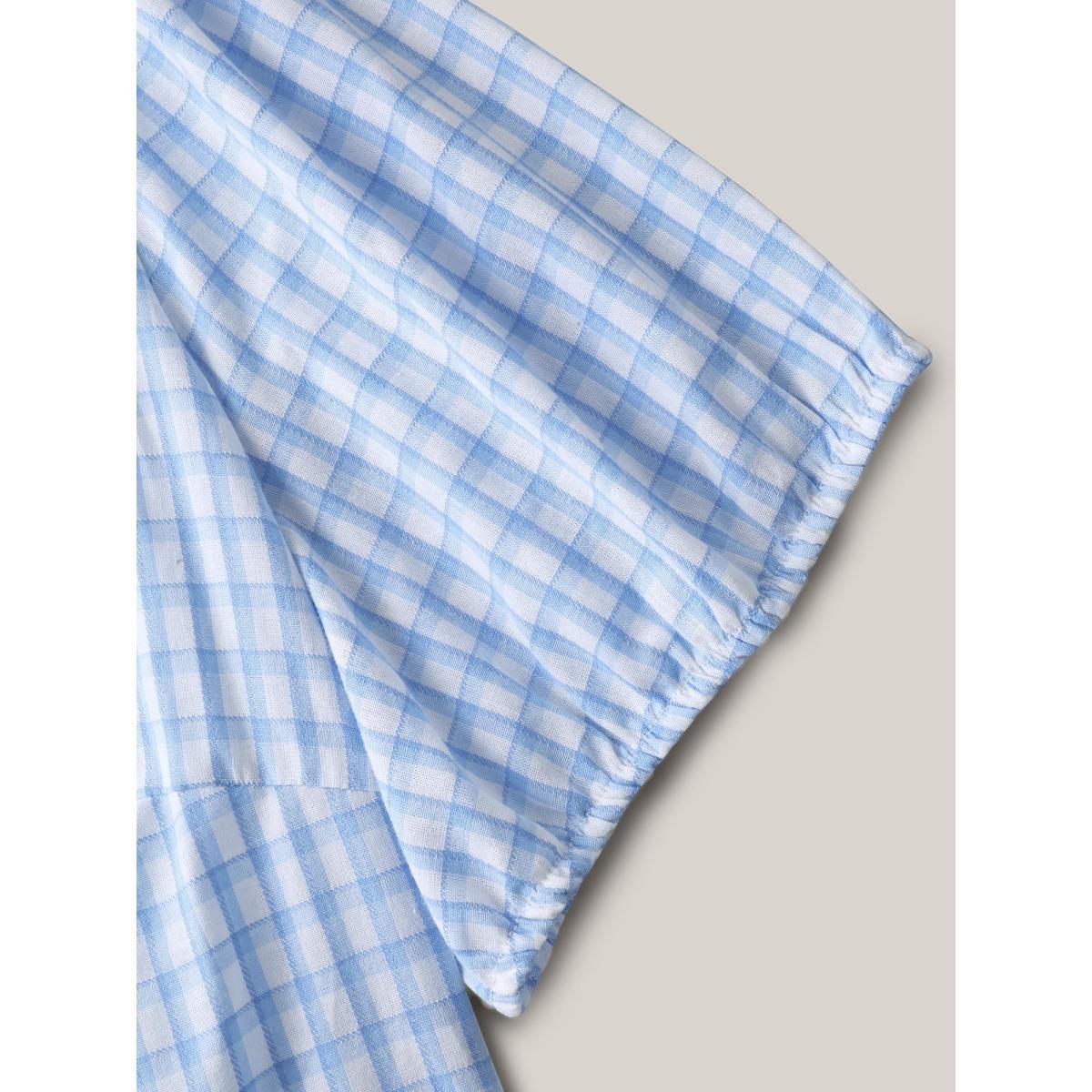 Plus Size LightBlue Bow Front Plaid Print Babydoll Top Women Short sleeve Notched collar Everyday-Casual Blouses BloomChic 28/5X Product Image
