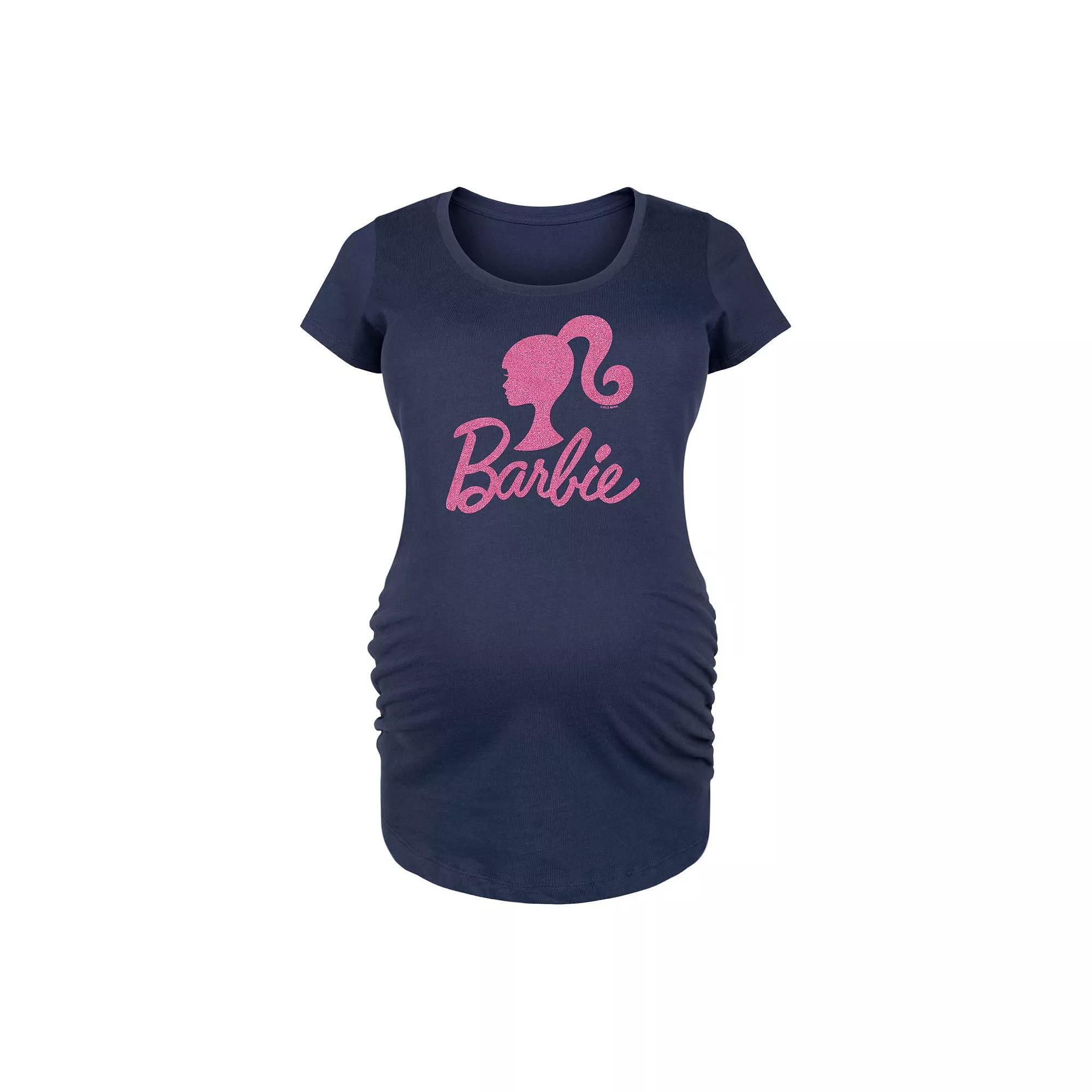 Maternity Barbie Logo Pink Glitter Graphic Tee, Womens Blue Product Image