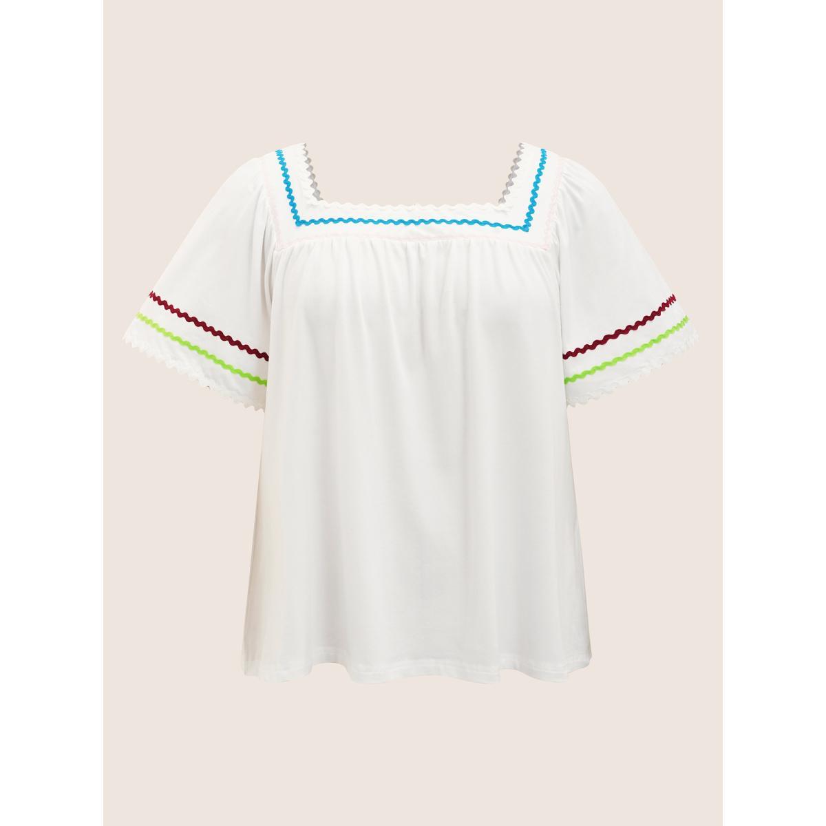 Plus Size Cotton Woven Ribbon Contrast Ruffle Sleeve T-shirt Originalwhite Women Casual Woven ribbon&lace trim Square Neck Everyday T-shirts BloomChic 22-24/3X Product Image