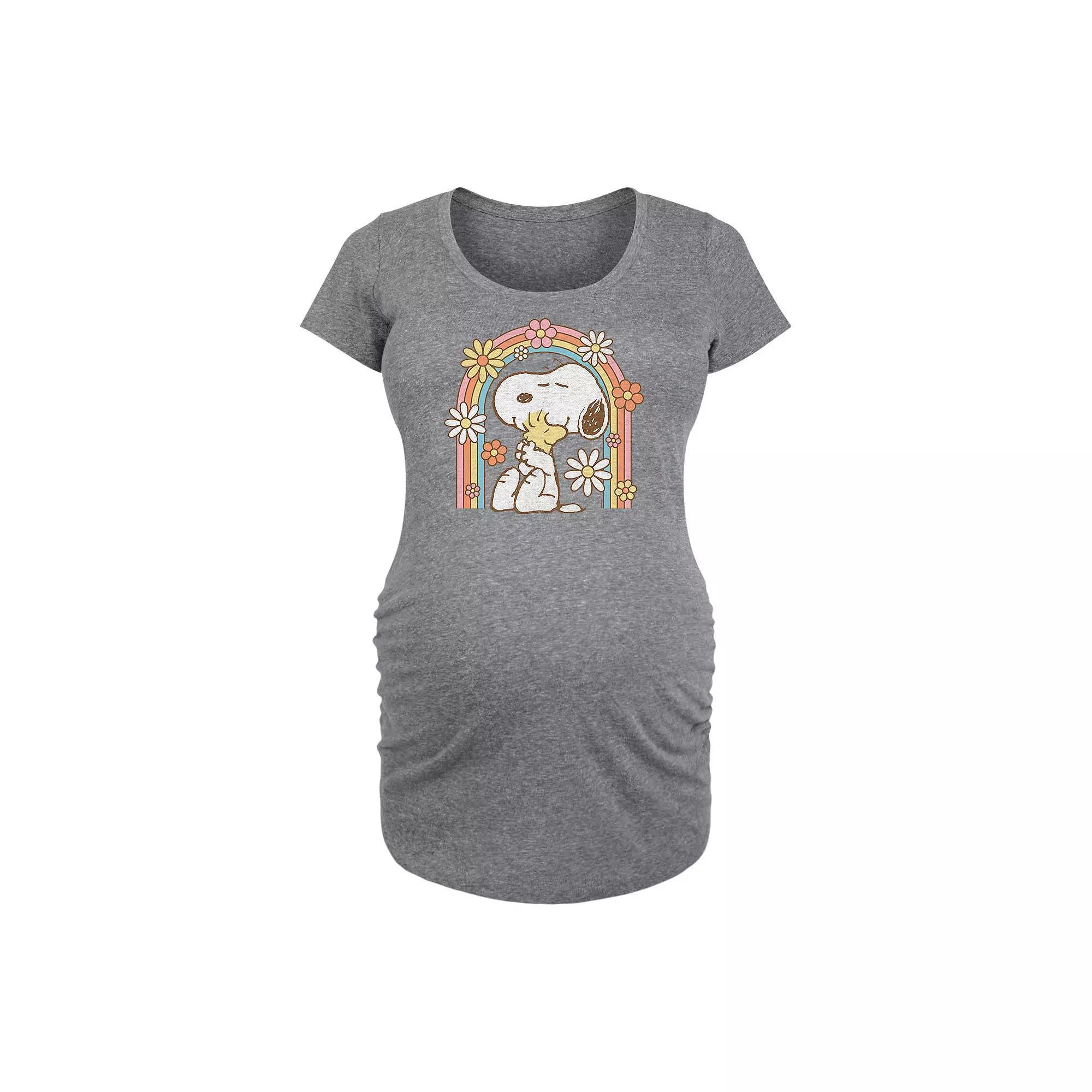 Maternity Peanuts Snoopy & Woodstock Retro Flower Rainbow Graphic Tee, Womens Grey Gray Product Image