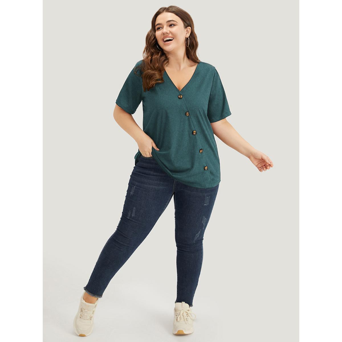 Plus Size Plain V Neck Button Detail Flutter Sleeve T-shirt DarkGreen Women Casual Plain Plain V-neck Dailywear T-shirts BloomChic 18-20/2X Product Image