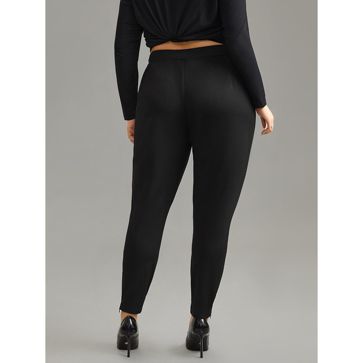 Plus Size Solid Zipper Hem Elastic Waist Skinny Pants Women Black Office Skinny Mid Rise Work Pants BloomChic 10/M Product Image