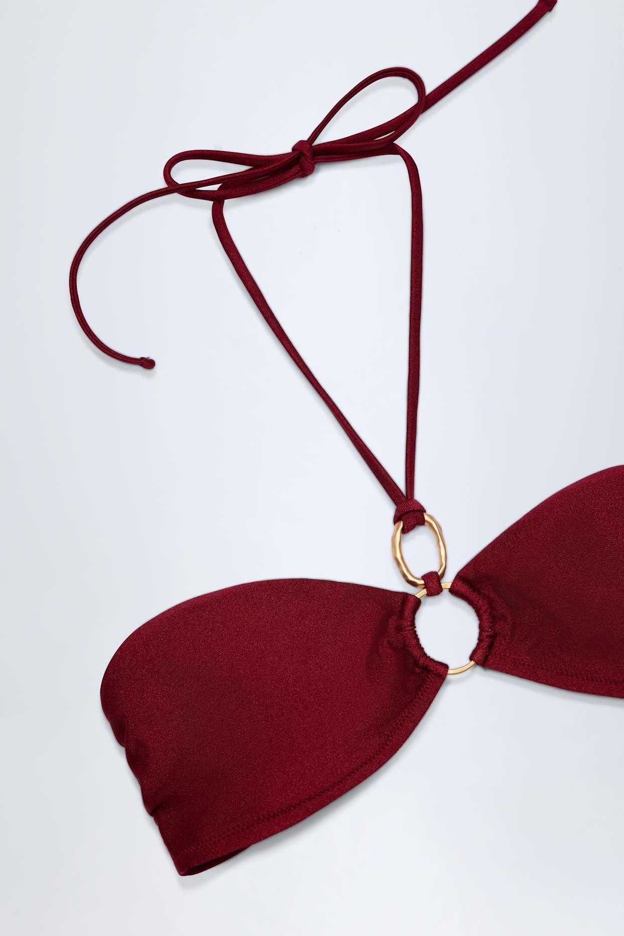 Hardware-Detail Ruched Halterneck Bikini Top in Dark Cherry Product Image