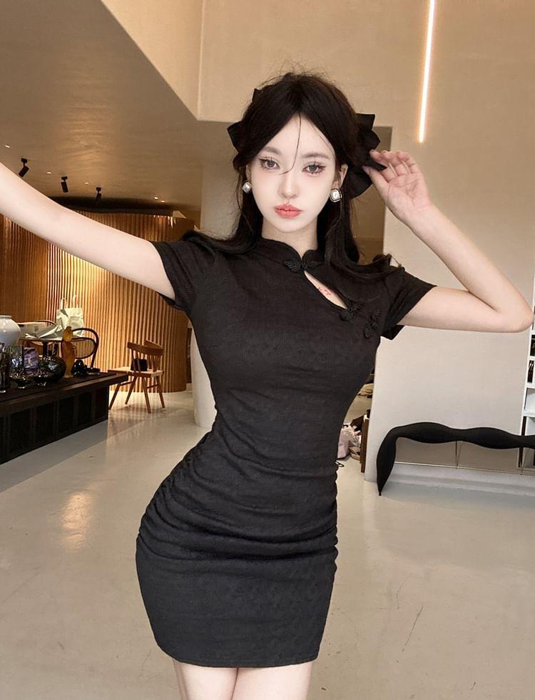 Set: Short-Sleeve Stand Collar Plain Mini Bodycon Dress + Arm Sleeves Product Image
