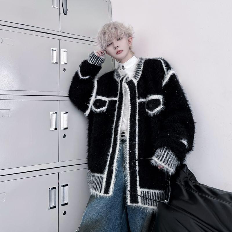 Round Neck Two Tone Oversized Cardigan Product Image