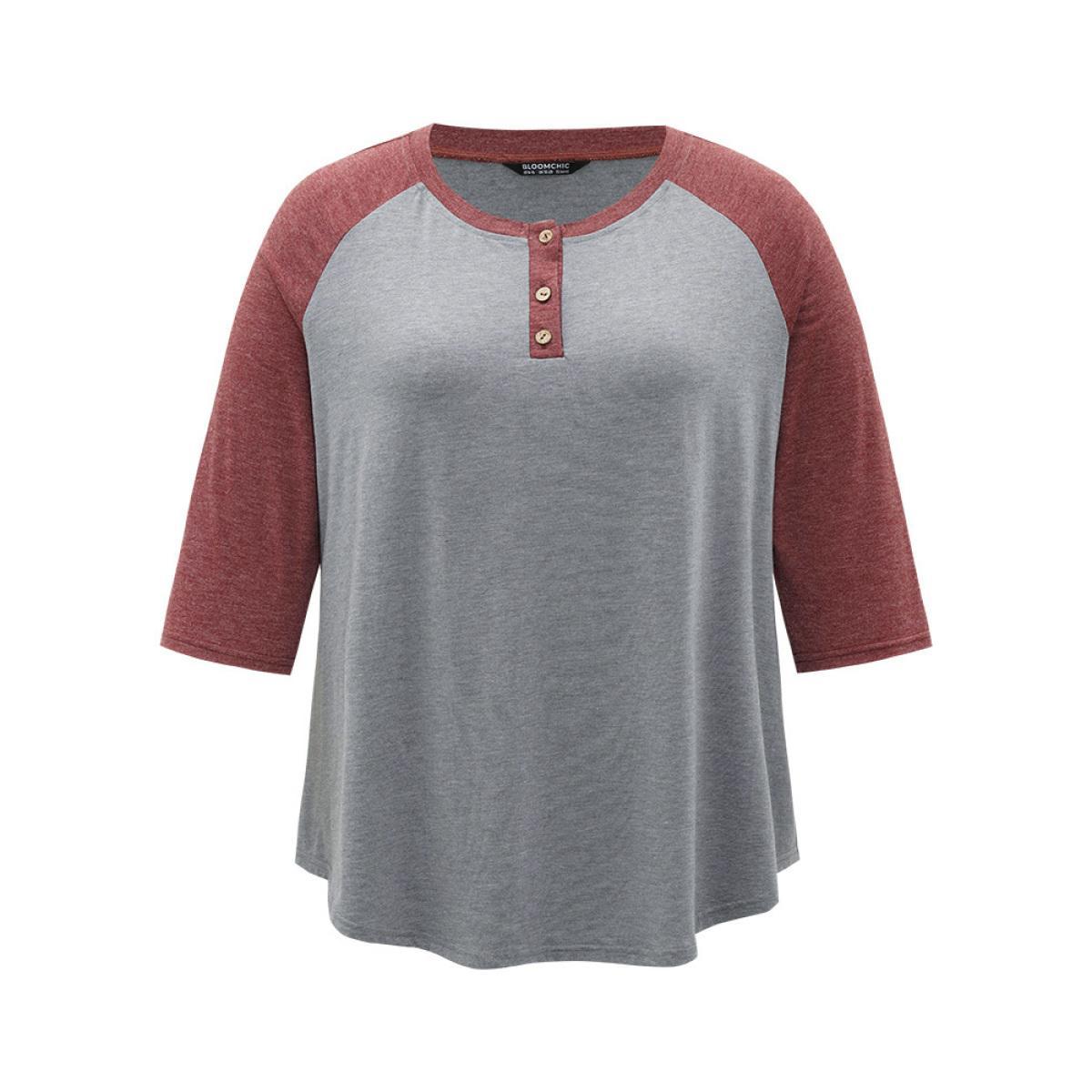 Plus Size Two Tone Button Up Raglan Sleeve T-shirt Gray Women Casual Contrast Plain Round Neck Dailywear T-shirts BloomChic 14-16/1X Product Image