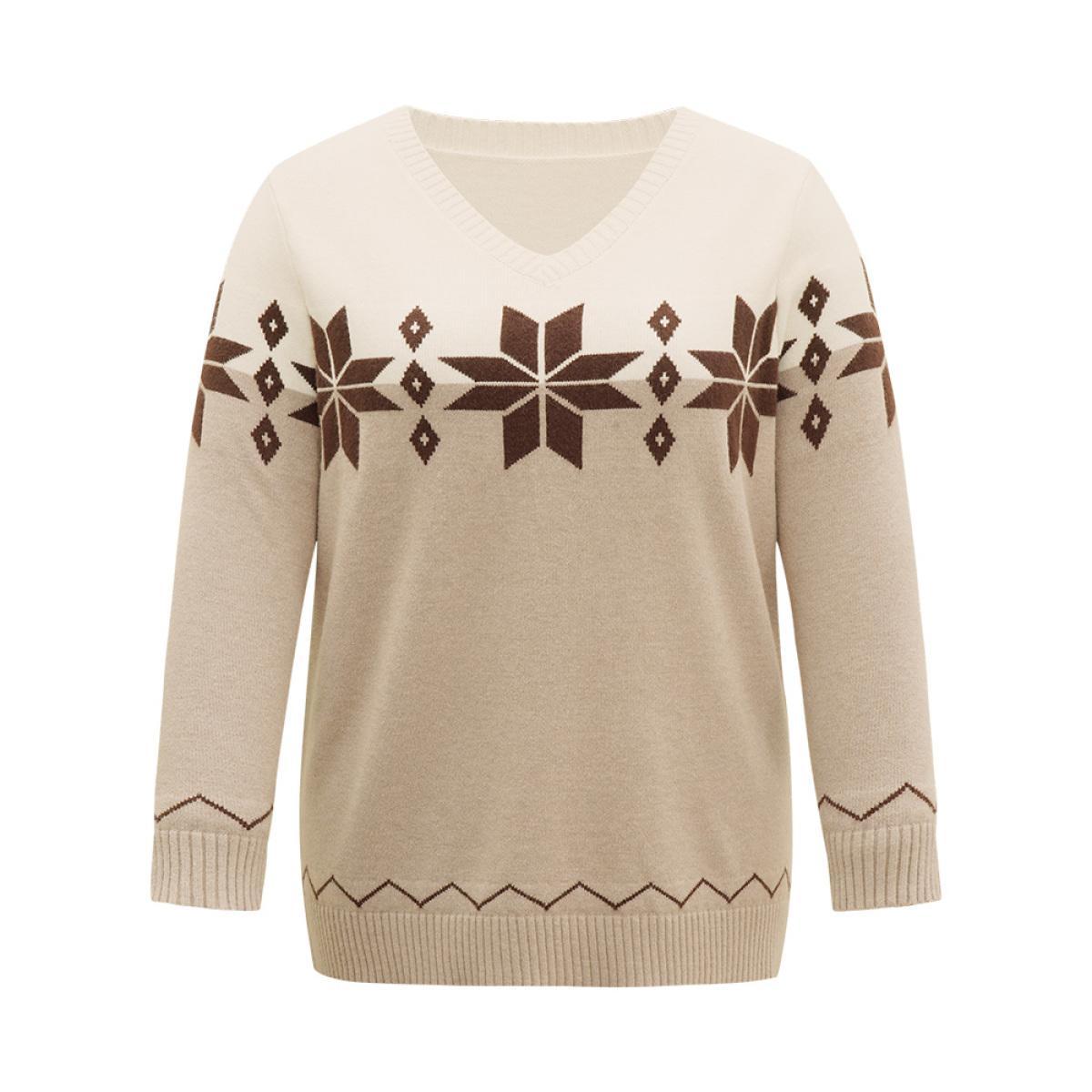 Plus Size Supersoft Essentials Anti-Pilling Snowflake Print Pullover Multicolor Women Casual Loose Long Sleeve V-neck Dailywear Pullovers BloomChic 26/4X Product Image