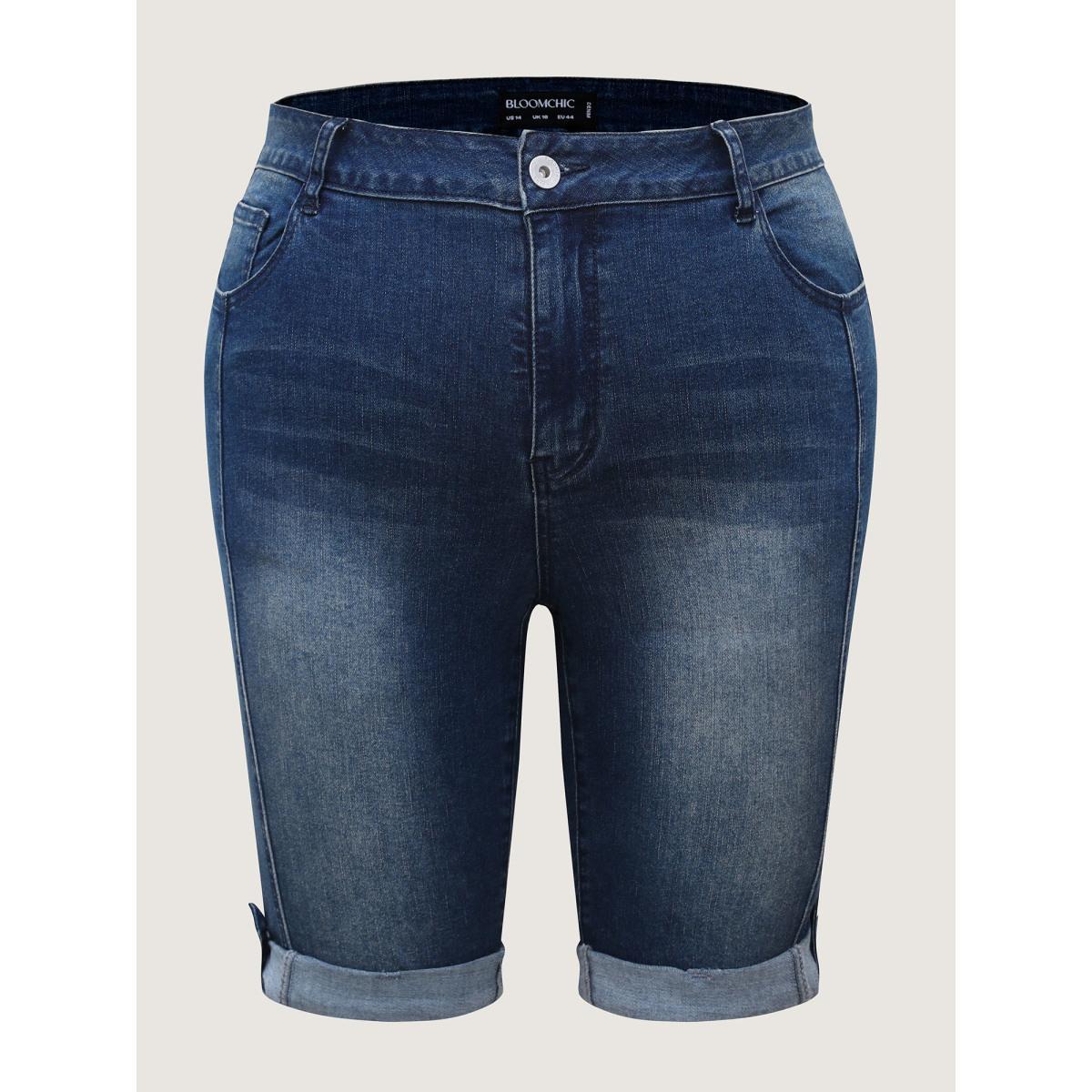 Plus Size Rolled Hem Skinny-Fit Denim Shorts Women Midblue High stretch Everyday-Casual Slanted pocket Denim Shorts BloomChic 10/M Product Image
