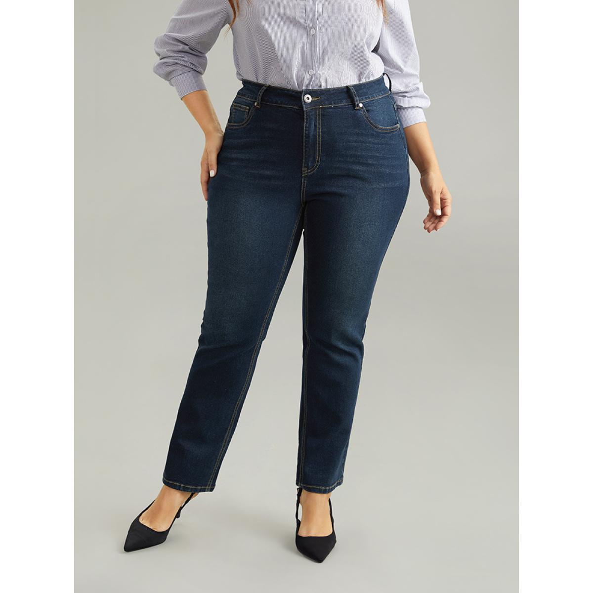 Plus Size Straight Leg Dark Wash Zipper Fly Jeans Women Indigo Casual Plain Pocket High stretch Pocket Jeans BloomChic 14/1X Product Image