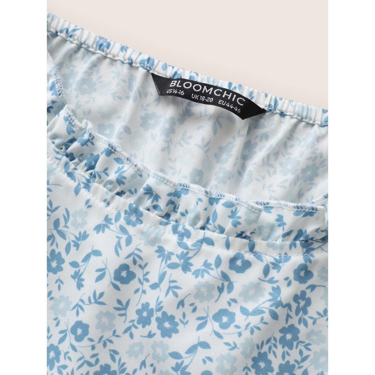Plus Size Ditsy Floral Patchwork Frill Trim Dress LightBlue Women Casual Boat Neck Sleeveless Curvy BloomChic 22-24/3X Product Image