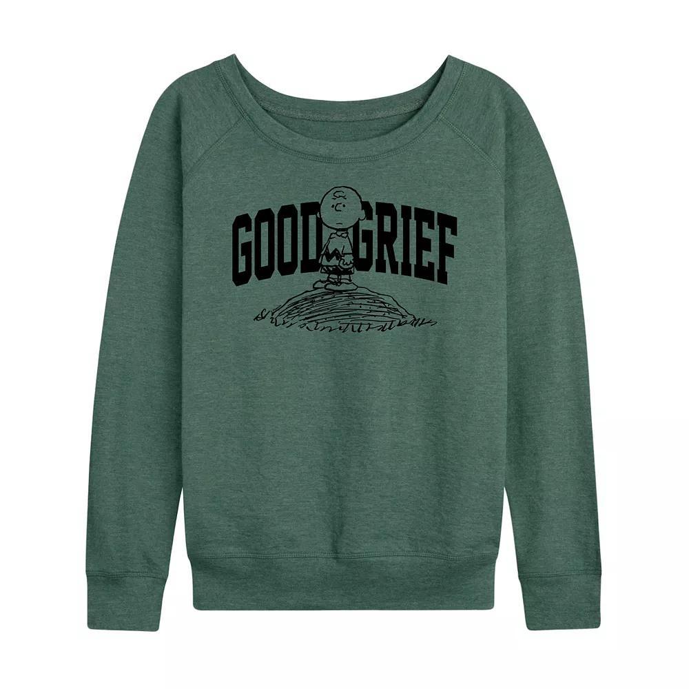 Womens Peanuts Charlie Brown Good Grief Athletic French Terry Long Sleeve Tee, Girls Grey Juniper Green Product Image