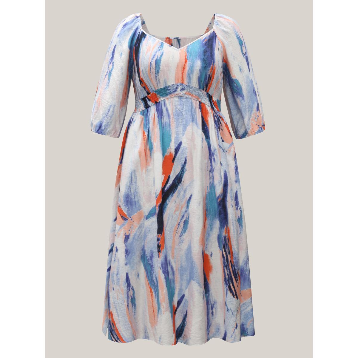 Plus Size Abstract Print Waist-Cinched Split Hem Maxi Dress Multicolor Women Elegant Gathered Heart neckline Elbow-length sleeve Curvy BloomChic 18-20/2X Product Image